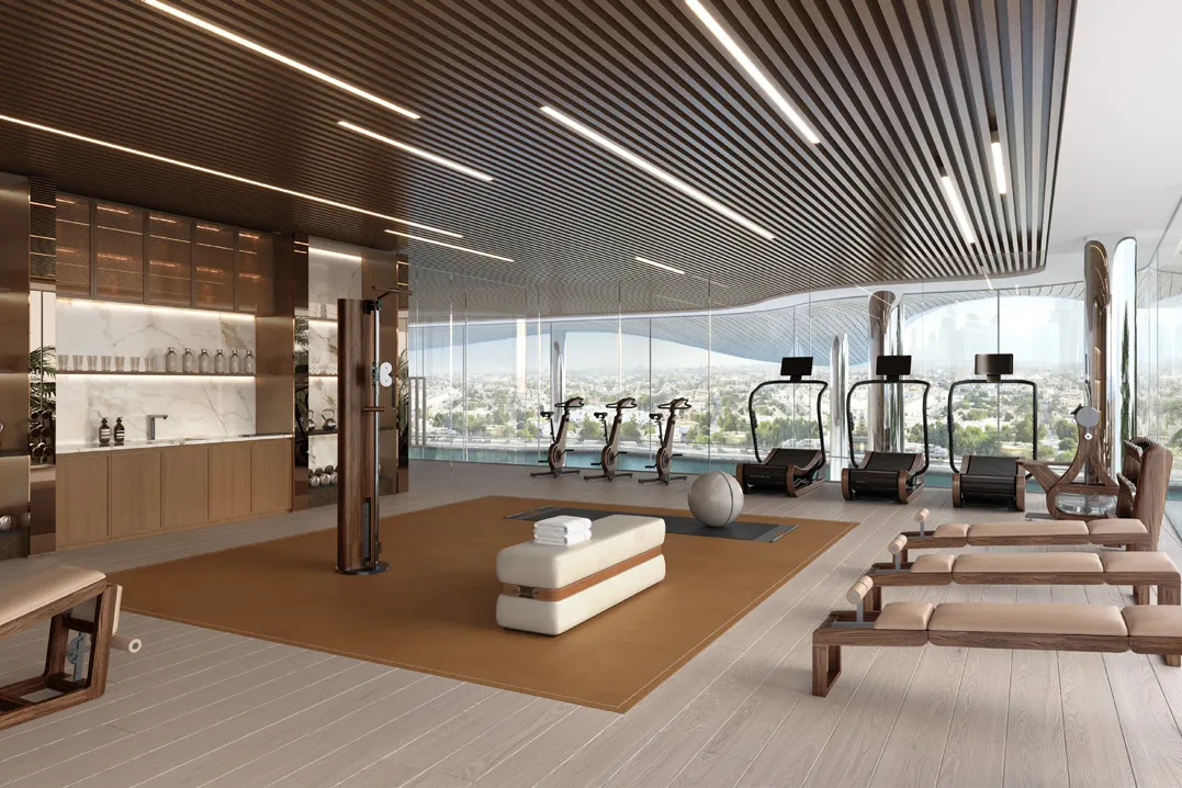 Gym with timber equipment, treadmills and floor-to-ceiling windows