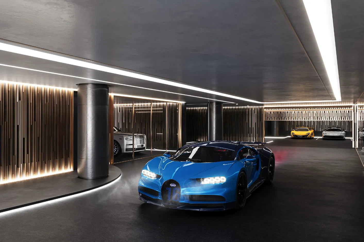 Underground garage lit with timber panels, a blue supercar in front